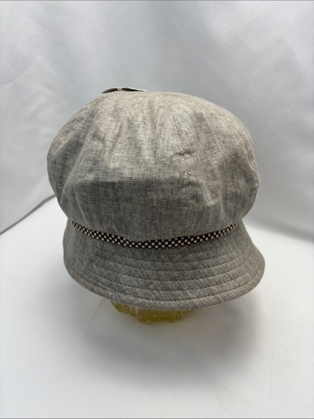 Neutral Linen-Look Bucket Hat with Brown Check Flower Accent#514 - Picture 5 of 10